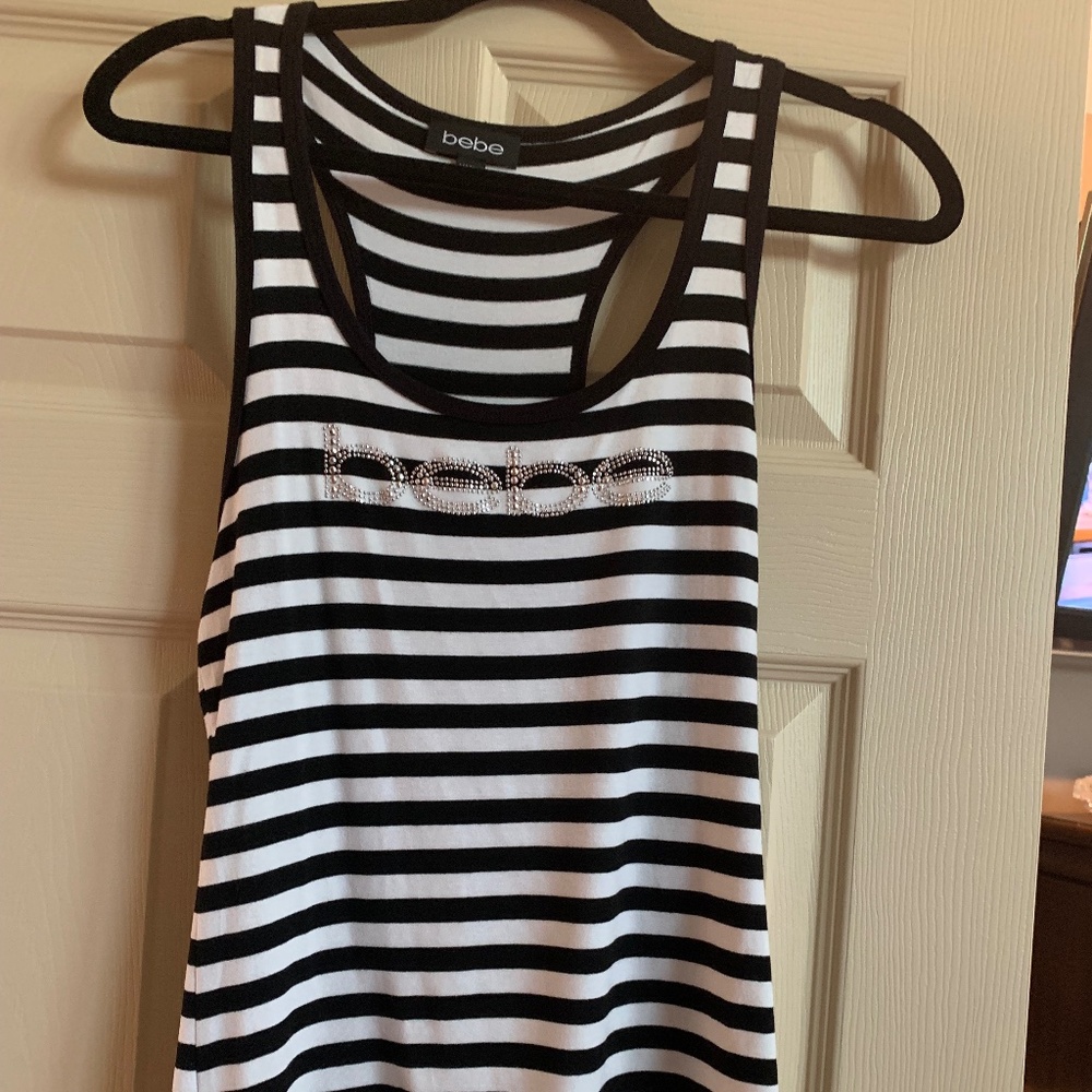 Bebe Black/White Striped Embellished Tank Top sz L